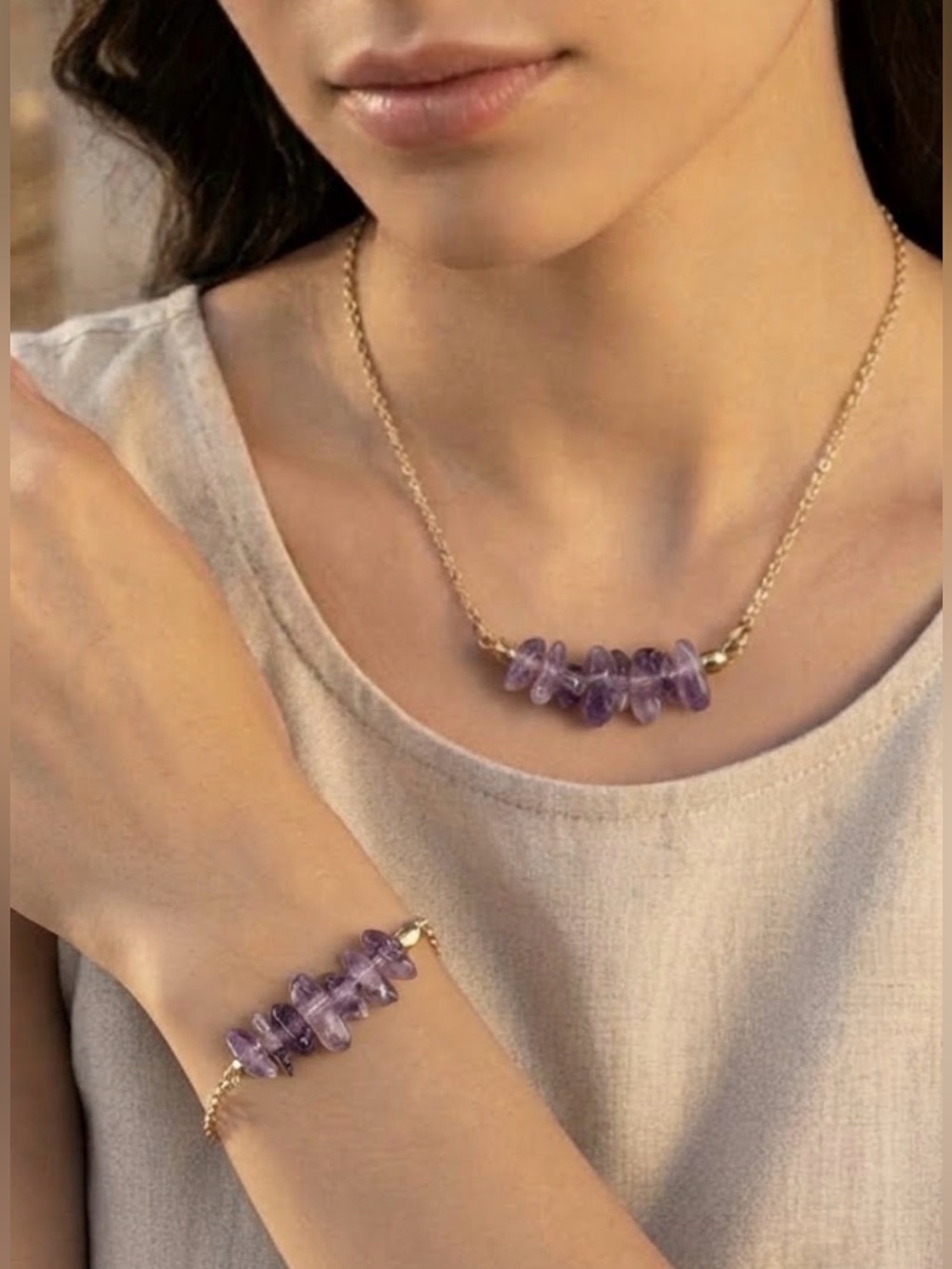 Minimalist Gold plated Chain Necklace with Purple Amethyst Chip Pendant
